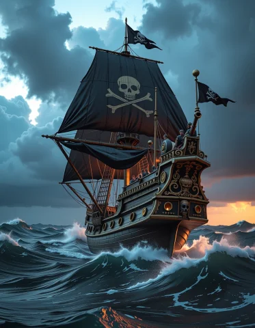 A Majestic Pirate Ship, The Sea Serpent, Cuts Through The Te... — Stable Diffusion AI Prompt: A majestic pirate ship, the "Sea Serpent," cuts through the tempestuous waves of...