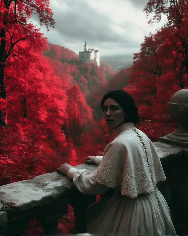 M1v8 A Woman Sits At A Stone Wall Overlooking A Forested Val...