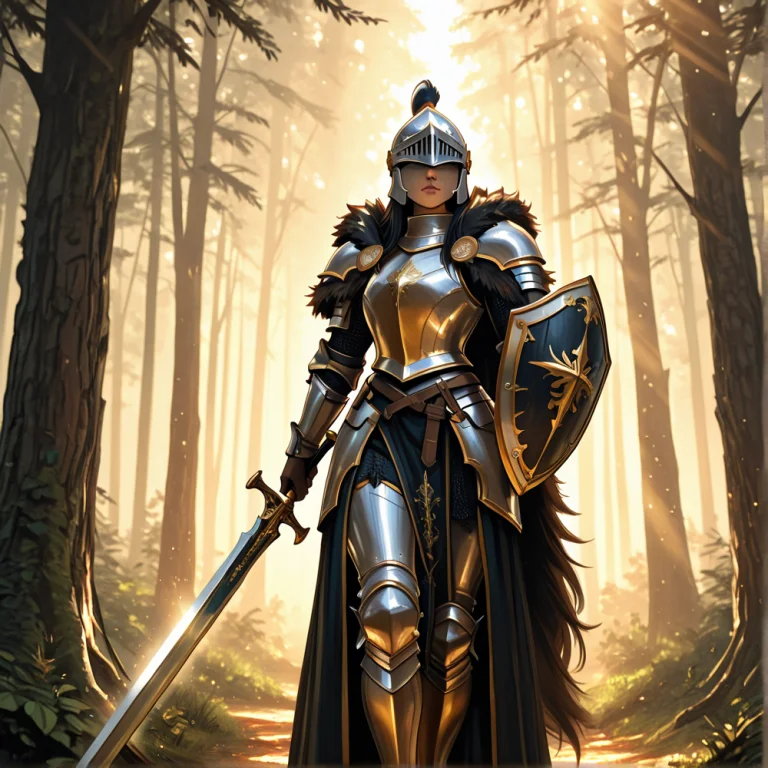 Female Knight, Full Plate Armor, Intricate Gold Detailing, F...