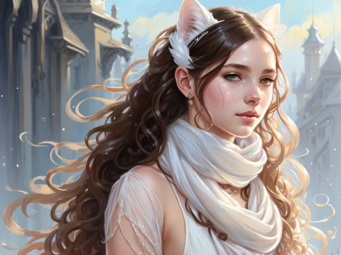 Portrait Of A Girl Wearing White Scarf, Long Curly Hair, Twi... — Stable Diffusion AI Prompt: portrait of a girl wearing white scarf, long curly hair, twist braid, watery eye...