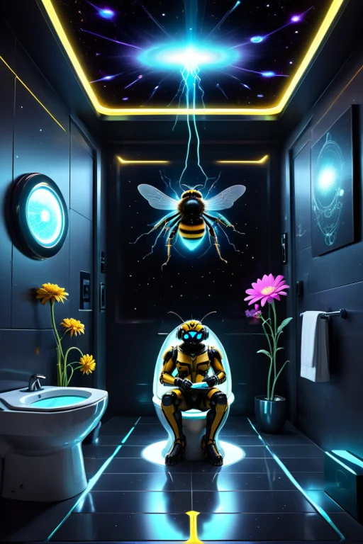 Bumblebee Sitting On A Toilet In A Futuristic Bathroom, Read...