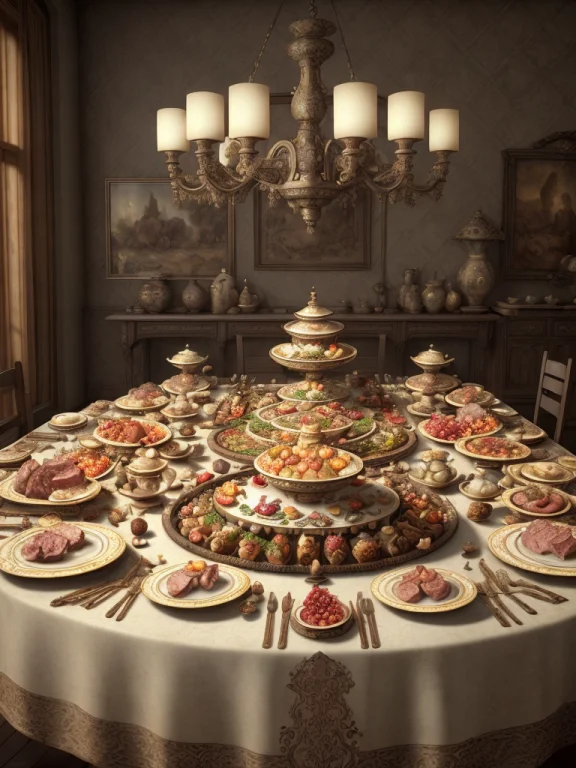 A Long Banquet Table, Intricate, Filled With Meats, Fruits,...