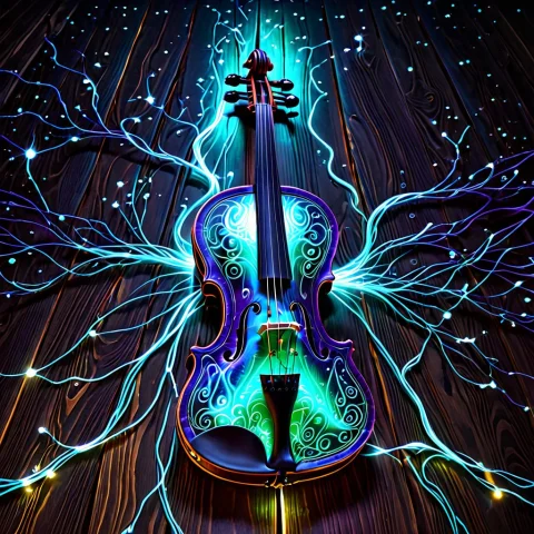 Lorabiolumensuniverse0.7 Loradetailtweakerxl0.35 An Old Wood... — SDXL AI Prompt: an old wooden violin transformed by cosmic bioluminescent energy, glowing purp...