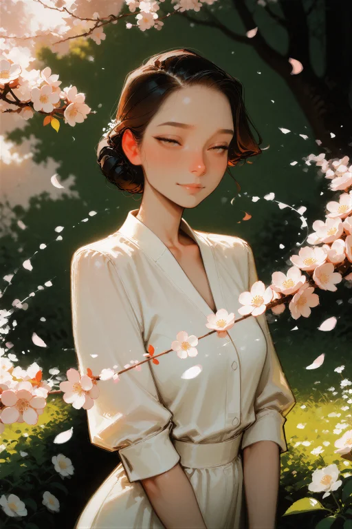 Digital Illustration, A Woman Standing In A Blooming Garden...