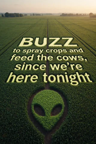 Text Made In The Crop Field Buzz To Spray Crops And Feed The... — Stable Diffusion AI Prompt: text made in the crop field "BUZZ to spray crops and feed the cows, since we're...