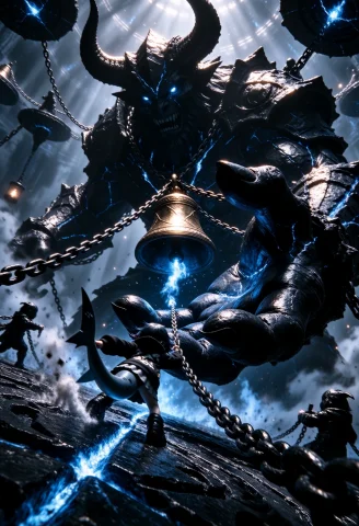 A Vast Arena Of Floating Black-stone Plates Circles A Suspen... — Stable Diffusion AI Prompt: A vast arena of floating black-stone plates circles a suspended golden bell, eac...