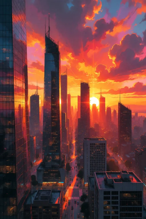 Strangedaal. A Modern City Skyline At Sunset, Where Glass Sk...