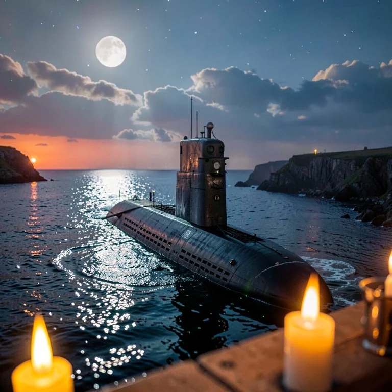 A Submarine Surfacing In A Moonlit Bay, Candlelight, Shallow...