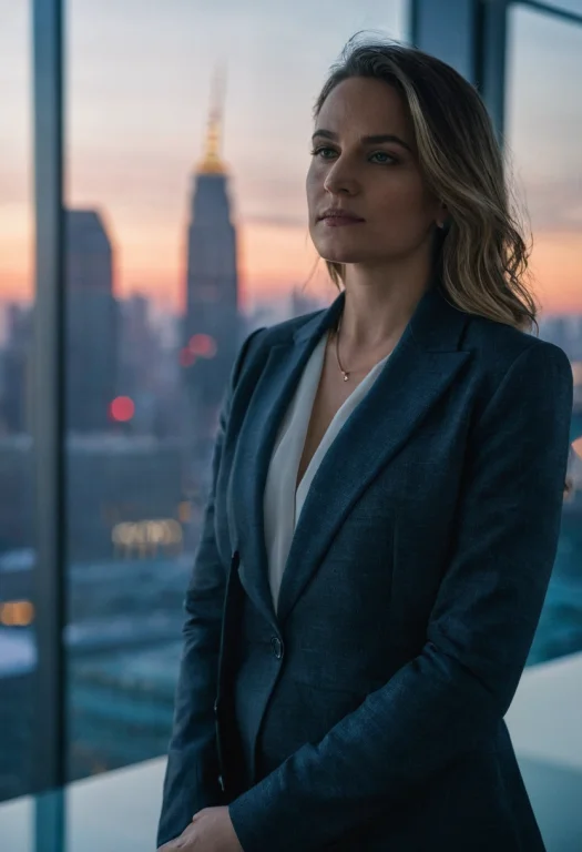 Raw Photo, Woman In A Tailored Charcoal Suit In A Modern Gla...