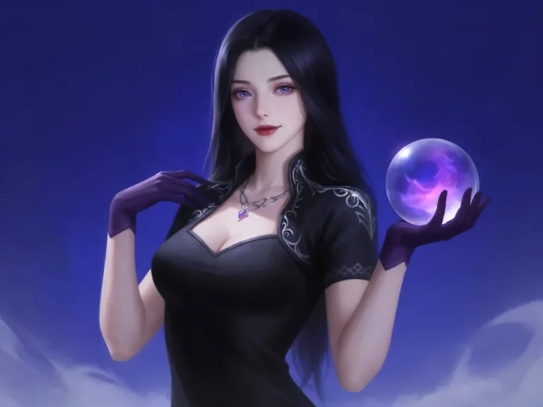 Black-haired Woman In Black Dress Holding Glowing Purple Orb...