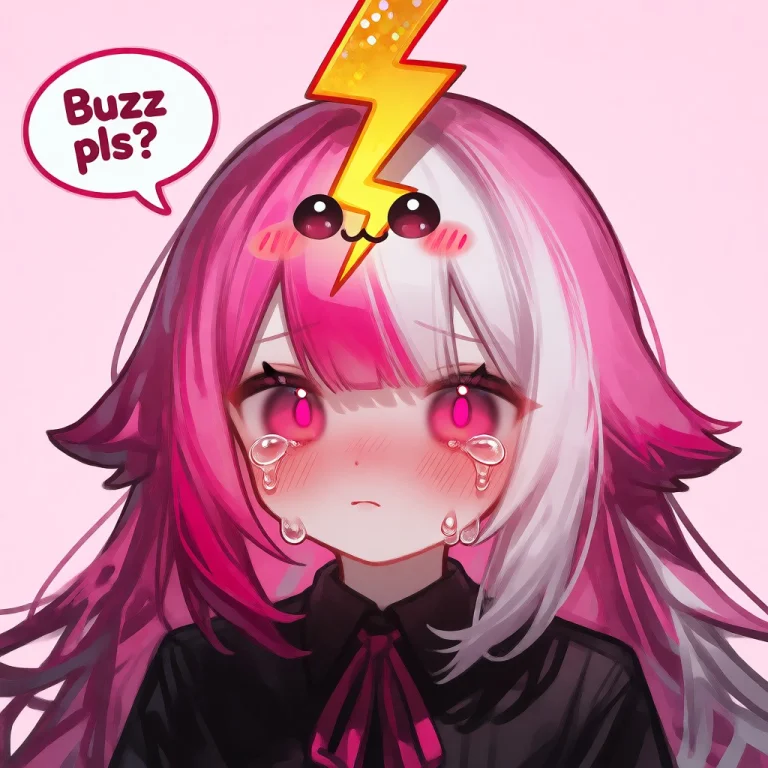 A Girl With Pink And White Hair Crying With A Cute Cartoon L...