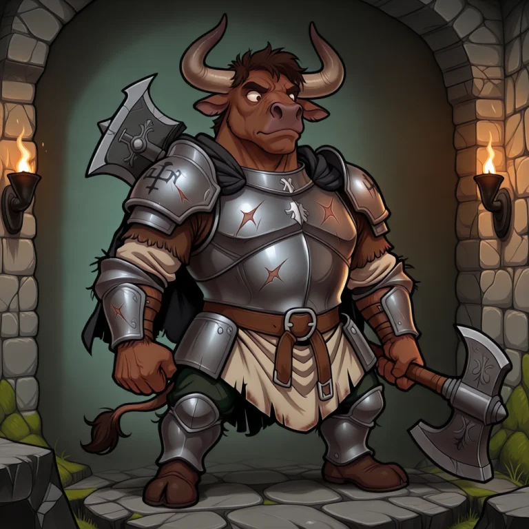 A Strong, Anthropomorphic Bull Minotaur With Large Horns And...