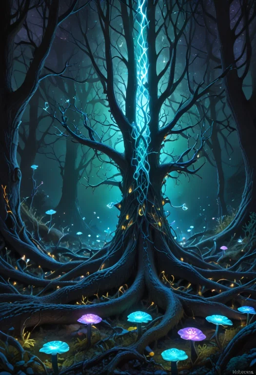 Dark Forest Where Every Tree, Leaf, And Mushroom Glows With...