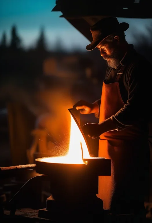 A Blacksmith Working Glowing Iron At The Forge, Backlit Silh...