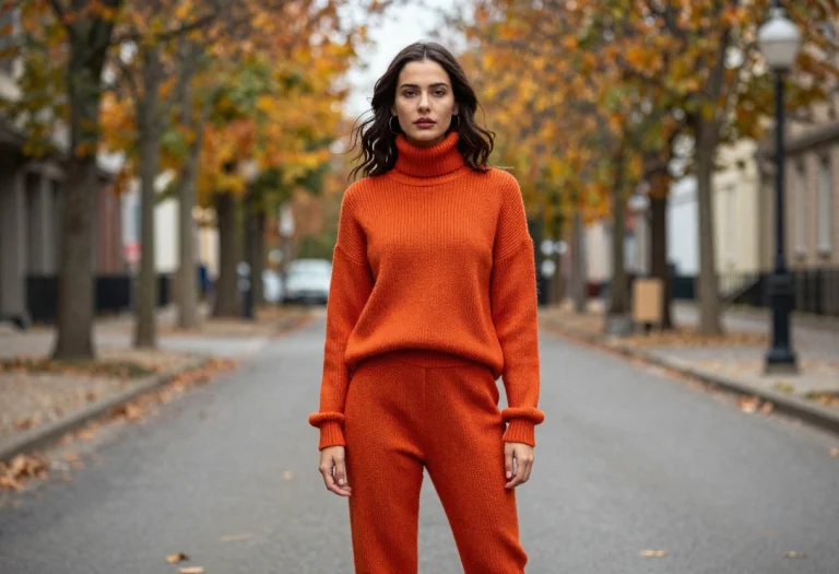 A Knit Ensemble On A Windswept Autumn Street, Hyperrealistic...