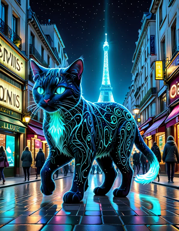 A Giant Cat Walking Through Paris Made Of Organic Biolumines...