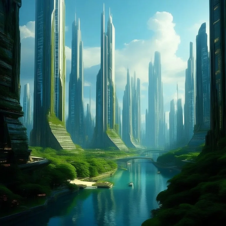 Solarpunk City With Skyscrapers And A River.