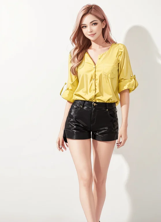 1girl, Realistic, Standing, Photo, Gorgeous Yellow Blouse, S...