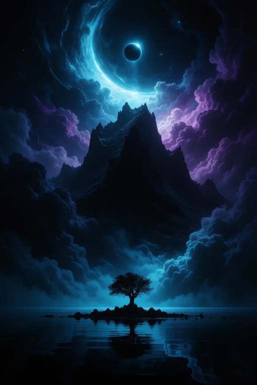 Digital Artwork Depicting A Dark, Moonlit Landscape With A G...