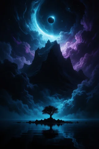 Digital Artwork Depicting A Dark, Moonlit Landscape With A G... — Stable Diffusion AI Prompt: Digital artwork depicting a dark, moonlit landscape with a glowing blue and purp...