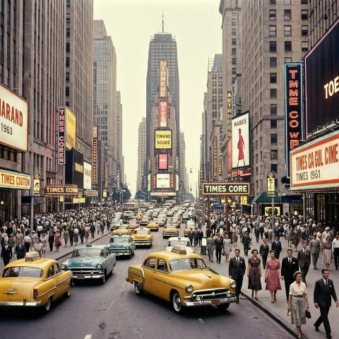 A Vibrant, Historically Accurate Street Scene In Times Squar... — Stable Diffusion AI Prompt: A vibrant, historically accurate street scene in Times Square, New York City, in...