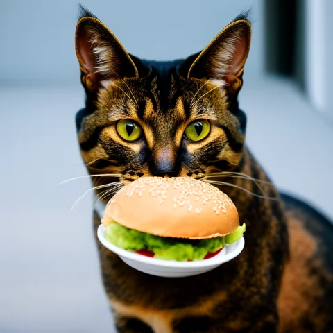 Calico Cat Eating A Burger, Kittypic-sdv2 — Stable Diffusion AI Prompt: Calico cat eating a burger, KittyPic-SDv2