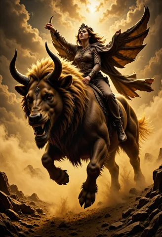 Famous Vintage 1930s Photo, Sorceress Riding A Mythical Beas... — FLUX AI Prompt: famous vintage 1930s photo, sorceress riding a mythical beast, dramatic angle, e...
