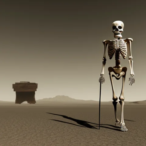 Skeleton, Memento Mori, Desert, Piotr-jablonski — Stable Diffusion AI Prompt: Skeleton, memento mori, desert, piotr-jablonski