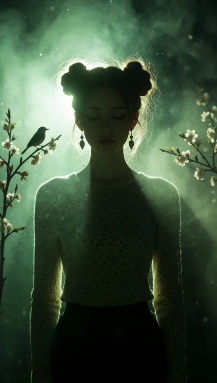 A Woman Stands In Silhouette Young Girl An Intense, Glowing...