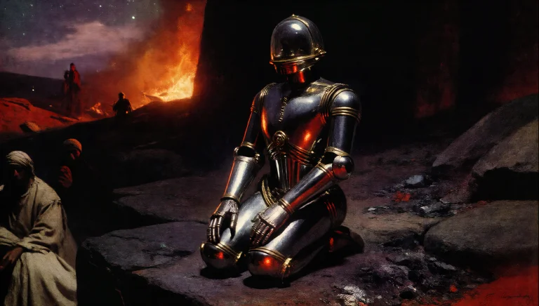Dcobmon. A Kneeling Chrome Robot With Smooth Articulated Joi...