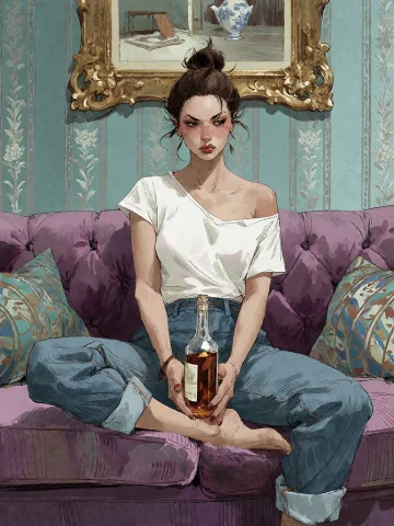 Bradhamel Art Style. A Woman With Dark Hair Tied Up In A Mes... — Stable Diffusion AI Prompt: Bradhamel art style. A woman with dark hair tied up in a messy bun, wearing a sl...