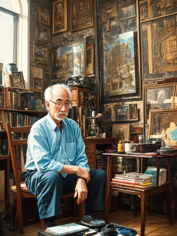 An Oldman In Chair, Lots Of Complex Stuff Around, Intricate...