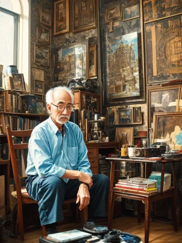 An Oldman In Chair, Lots Of Complex Stuff Around, Intricate... — Stable Diffusion AI Prompt: an oldman in chair, lots of complex stuff around, intricate in the background, a...