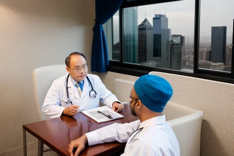 2man,doctor Wear White Shirt, Sit On Chiar With Table,window... — Stable Diffusion AI Prompt: 2man,doctor wear white shirt, sit on chiar with table,window,photography