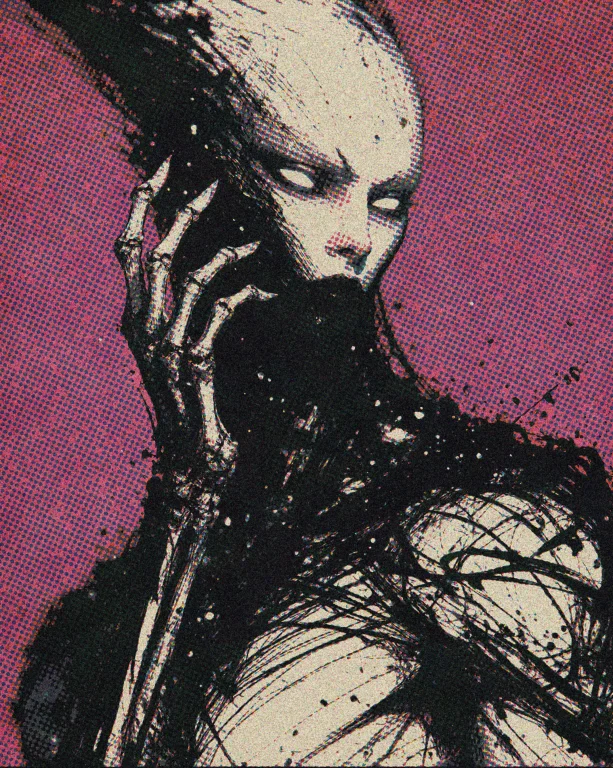 Opulentdarkness A Figure With A Pale Angular Face And Two Lu...