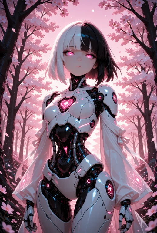 Android Girl With Split-colored Hair, Half Black And Half Wh...