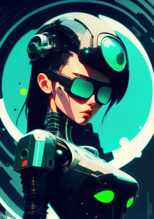 Terminator Cyber Girl With Green Eyes Looking Into The Camer...