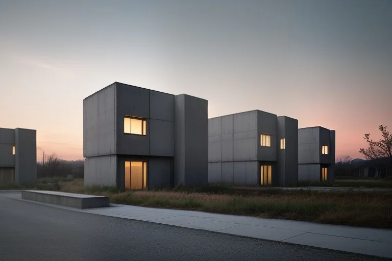 A Brutalist Concrete Housing Block At Dusk, Portrait Photogr...