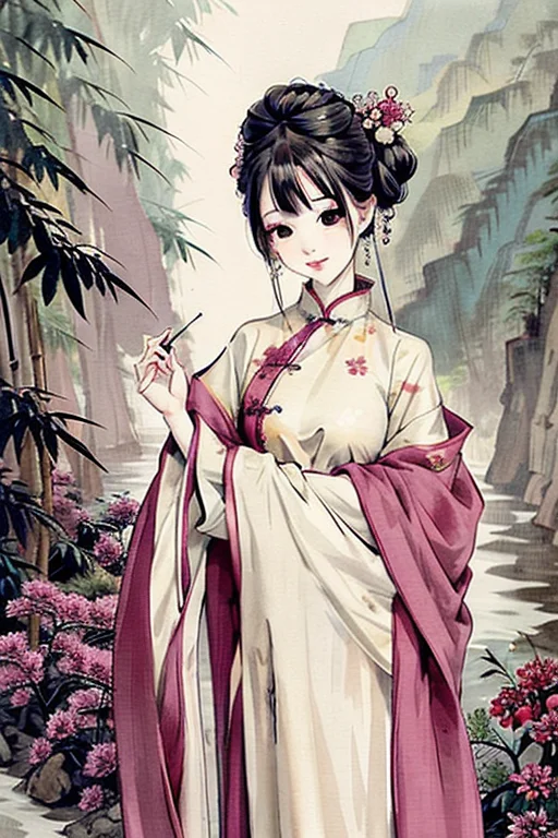 Shuimobysim Portrait Of A Naive Lady Standing In Bamboo Fore...