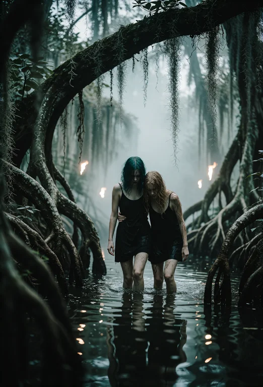 A Murky Wide Shot Through A Twisted Gothic Swamp At Night, G...