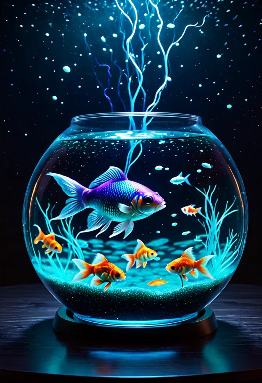 Photorealistic, Round Fishbowl On A Dark Desk, Water Filled...