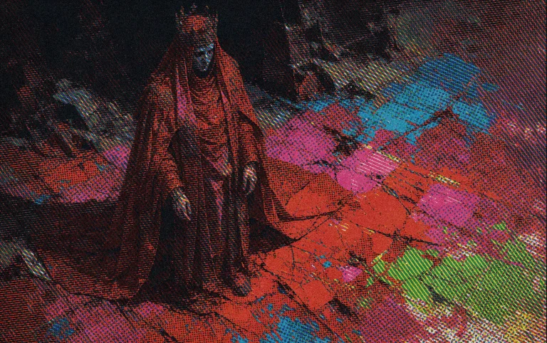 A Crowned Figure Rendered In Oil Paint Stands Slightly Left...