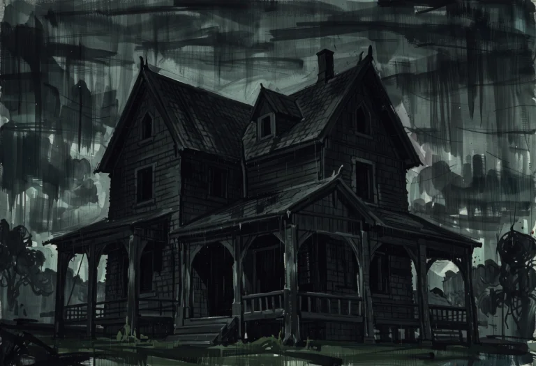 Style Vintage Pulp Art Painting. Ominous, Low Angle View Of...
