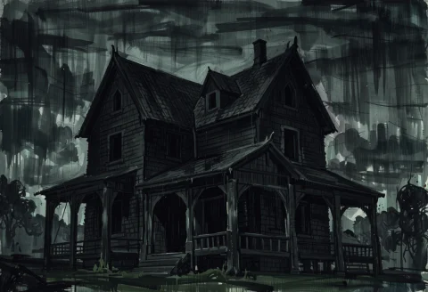 Style Vintage Pulp Art Painting. Ominous, Low Angle View Of... — Stable Diffusion AI Prompt: Style: vintage pulp art painting. Ominous, low angle view of a neo gothic house...