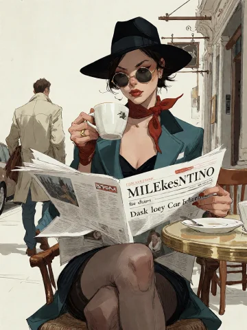 Bradhamel Art Style. A Stylish Woman With Dark Hair, Wearing... — Stable Diffusion AI Prompt: Bradhamel art style. A stylish woman with dark hair, wearing a black fedora hat,...