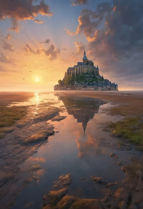 Sunrise Atmosphere, Mont St Michel,, Amazing View Towards Th...