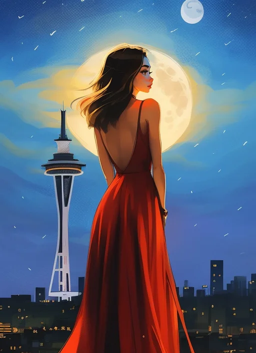 Woman Wearing A Red Dress, Standing In Front Of The Space Ne...