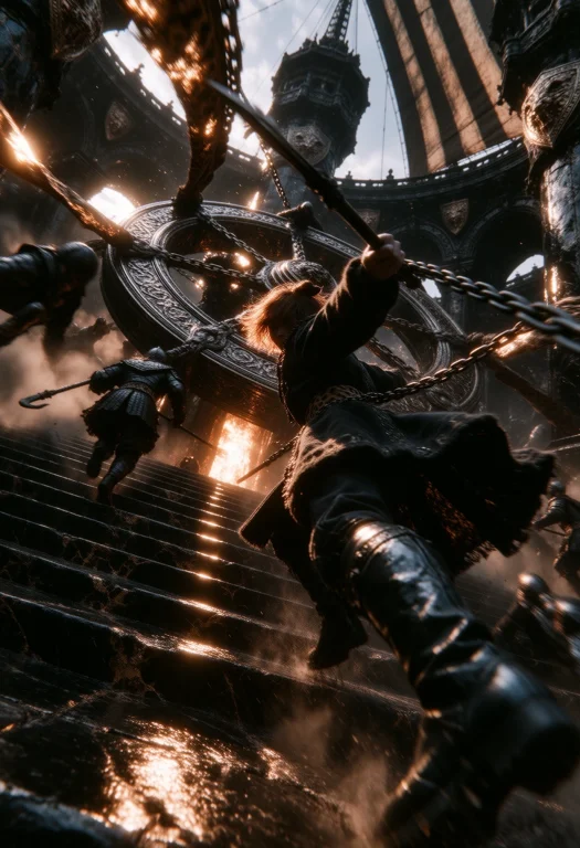 A Tiered Battle Arena Of Black Glass And Gold-veined Stone T...