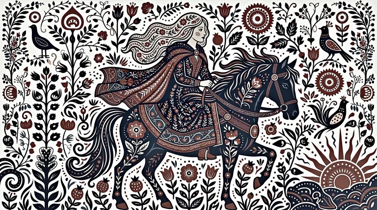 Flat Scandinavian Folk Art, A Maiden With Long Flowing Wavy...