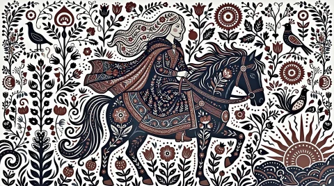 Flat Scandinavian Folk Art, A Maiden With Long Flowing Wavy... — Stable Diffusion AI Prompt: Flat Scandinavian folk art, a maiden with long flowing wavy hair wearing an orna...